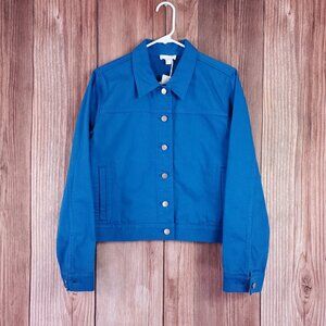 NWT COS Cropped Denim Jacket Womens Size EUR 42 Blue Silver Buttons Cotton